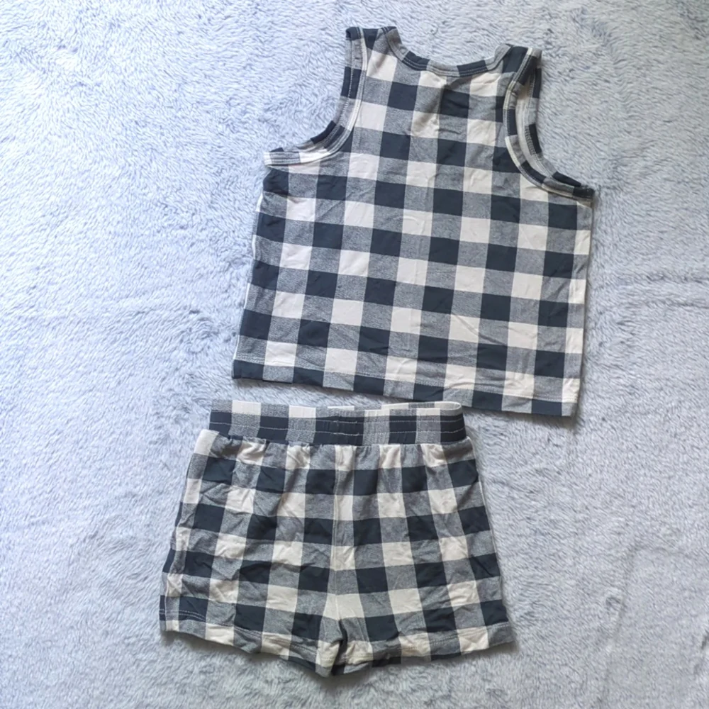 NWOT/EUC 2T Kate Quinn topstitch tank and short set slate blue gingham bamboo
